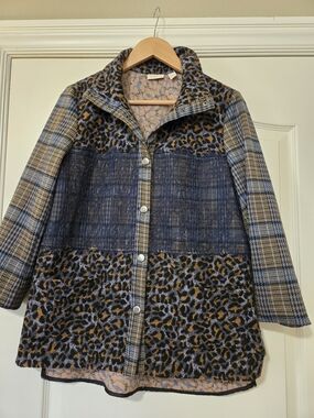 Logo Lavish Mixed-Pattern Blue, Tan & Black Blazer Jacket Patchwork